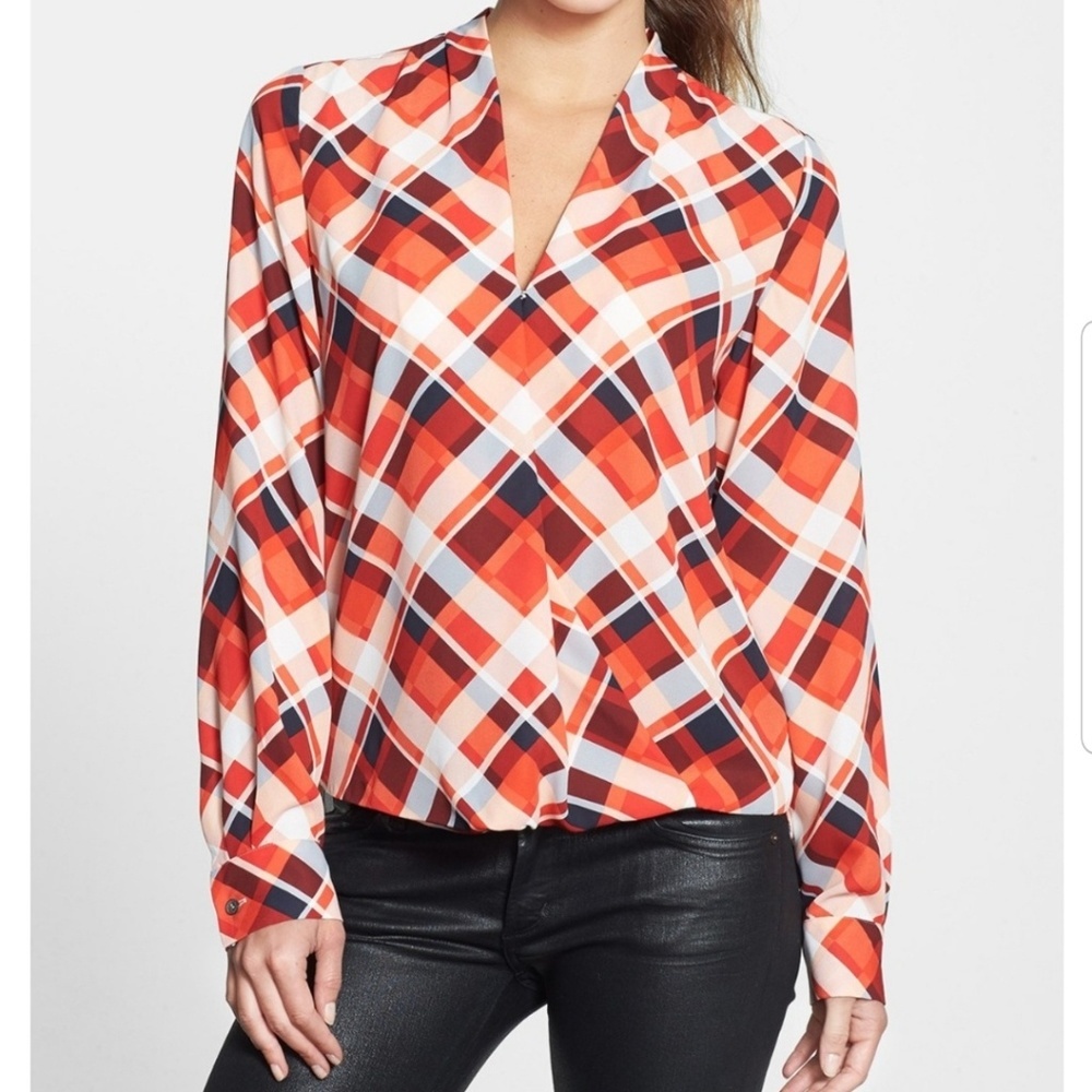 VINCE CAMUTO red plaid faux wrap blouse